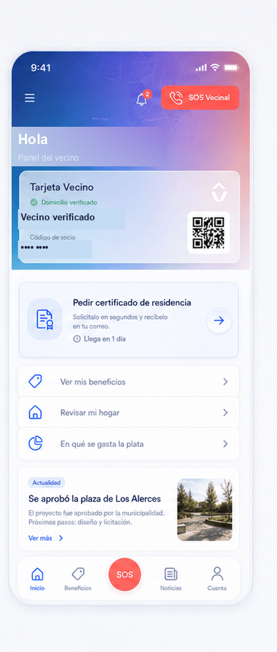 Panel del vecino en Portal Vecino: Tarjeta Vecino activa, un certificado en curso y las noticias de la junta.